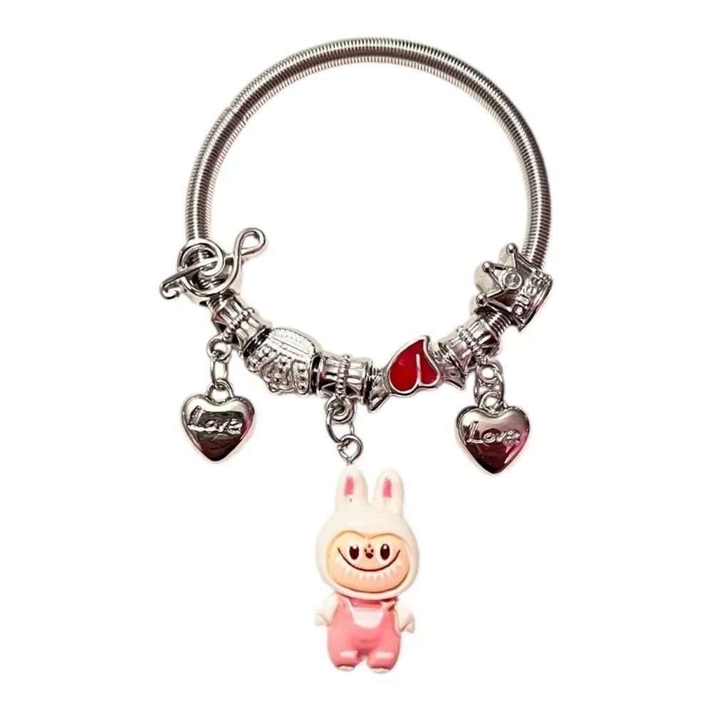 🤯5/$25🤯 Stretchy White Labubu Love Heart Crown Note Silver Child Charm Bracelet